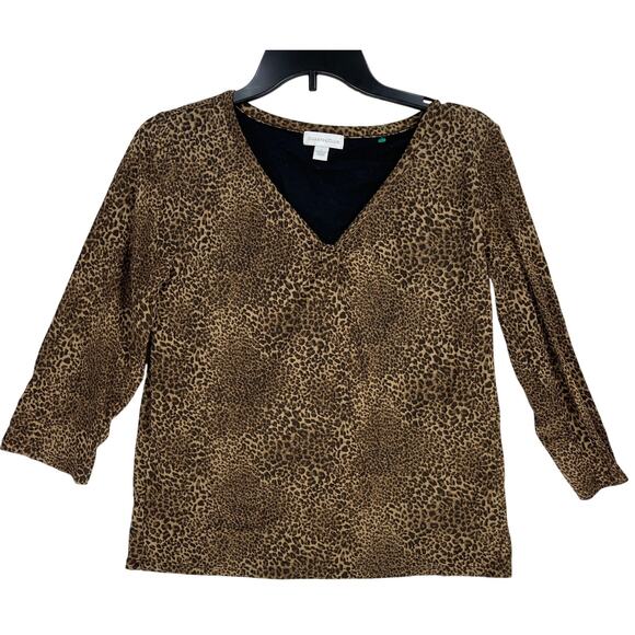 Y2K Charter Club Top Women Size L Brown Nylon Leopard Print 3/4 Sleeve V-Neck - Picture 1 of 6